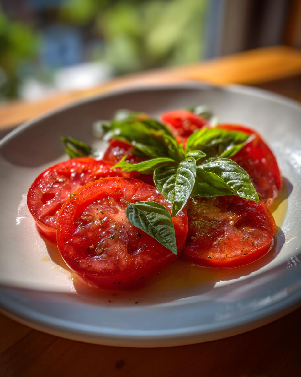 Close-up of Refreshing Marinated Tomatoes Memorial Day Delight on a white plate, garnished with fresh basil leaves.