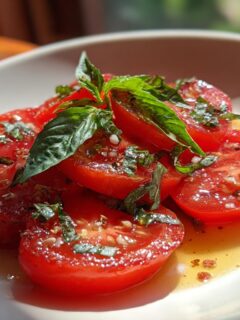 Close-up of Refreshing Marinated Tomatoes Memorial Day Delight, sliced and garnished with fresh basil.