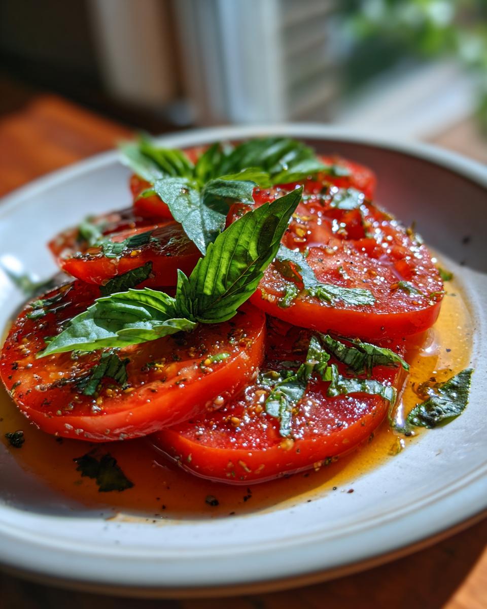 Close-up of Refreshing Marinated Tomatoes Memorial Day Delight, sliced and topped with fresh basil and dressing.