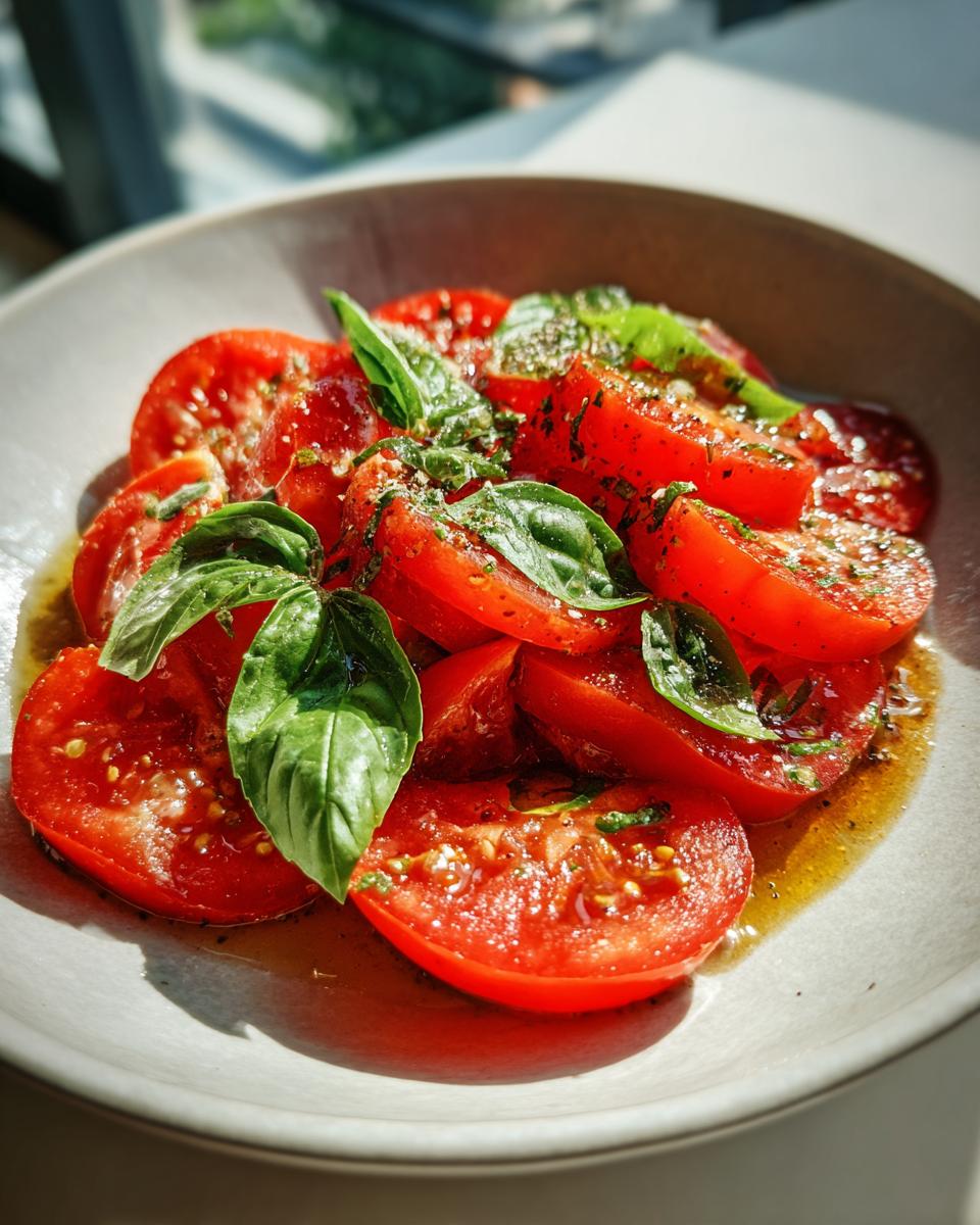 Close-up of Refreshing Marinated Tomatoes Memorial Day Delight, sliced and garnished with fresh basil leaves.