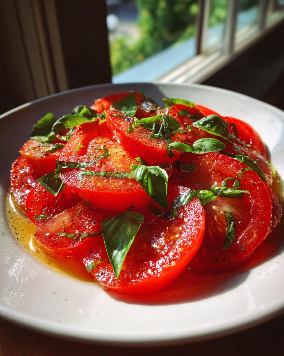 Close-up of Refreshing Marinated Tomatoes Memorial Day Delight with fresh basil and cracked pepper.