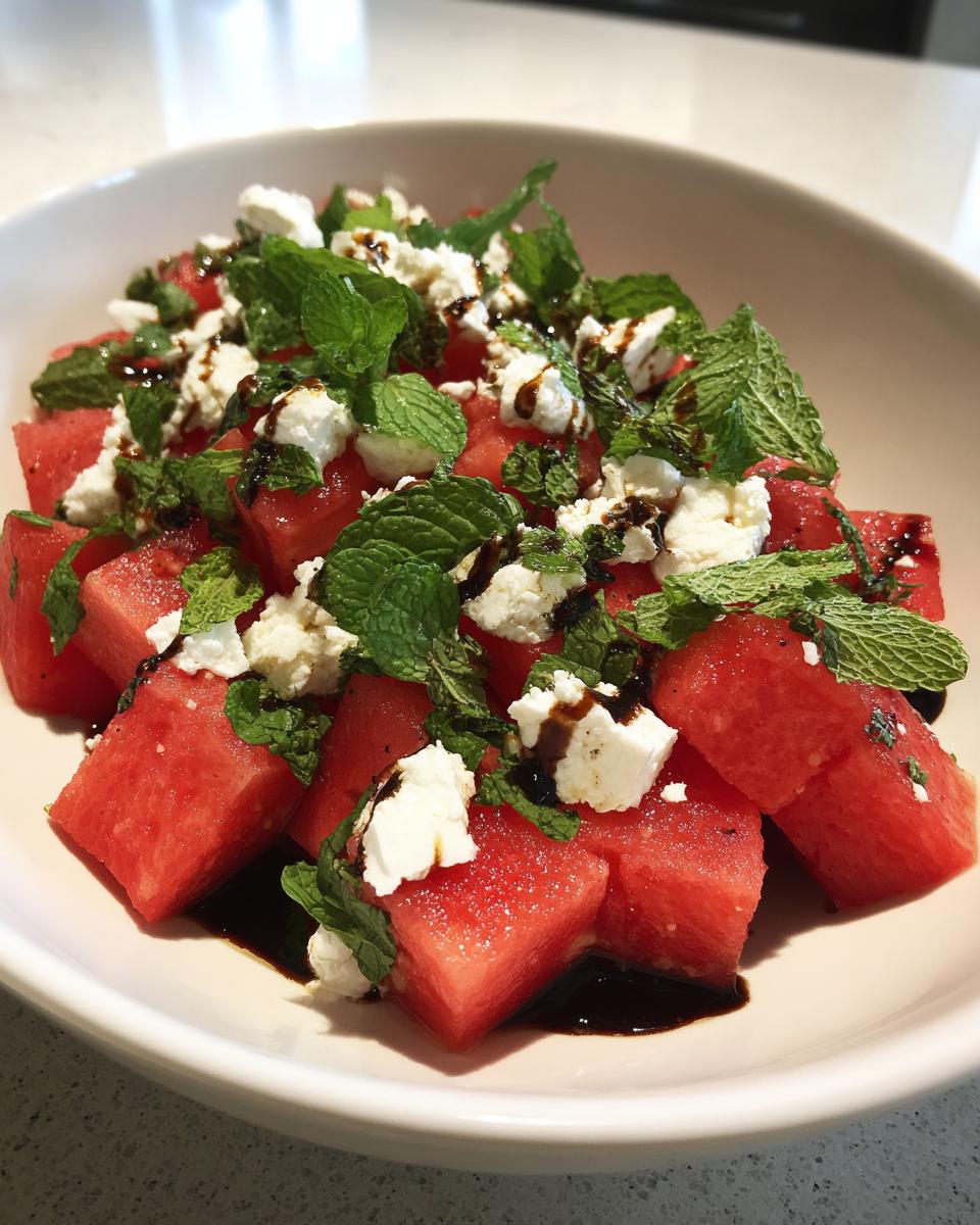 A close-up of a Refreshing Watermelon Feta Salad with cubes of watermelon, feta cheese, and fresh mint, drizzled with balsamic glaze.