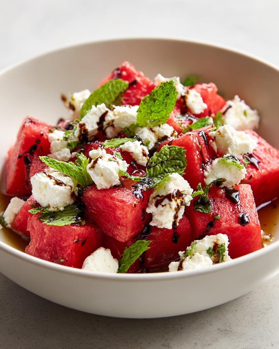 Close-up of a refreshing watermelon feta salad with mint and balsamic glaze in a white bowl.