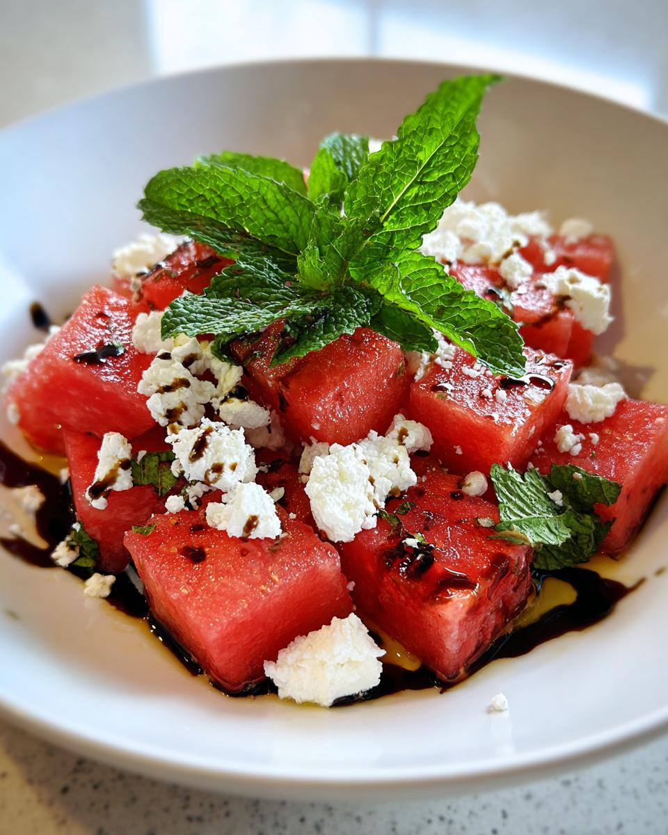 Close-up of a refreshing watermelon feta salad with fresh mint leaves and a balsamic glaze.