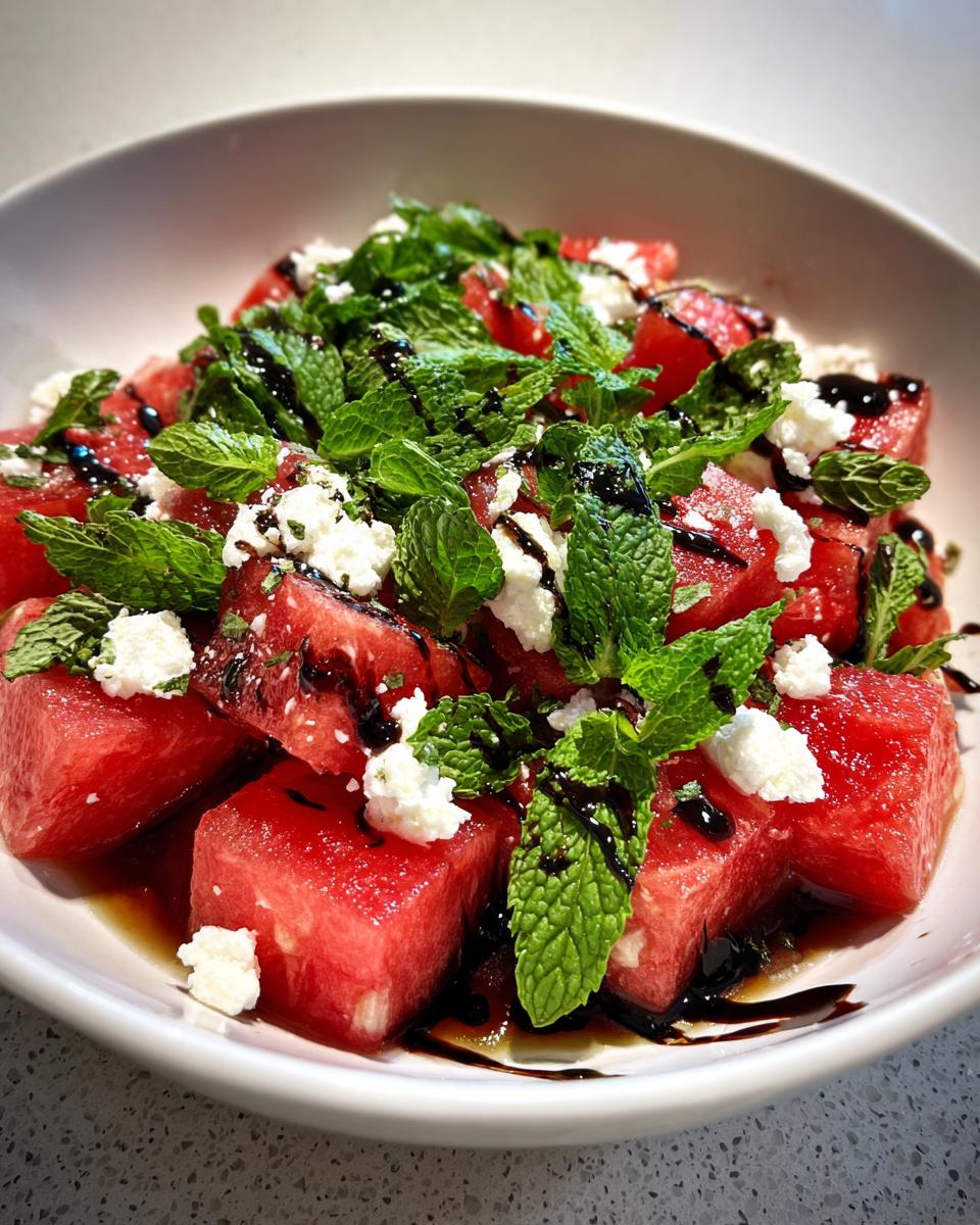 Close-up of a refreshing Watermelon Feta Salad with fresh mint and balsamic glaze.