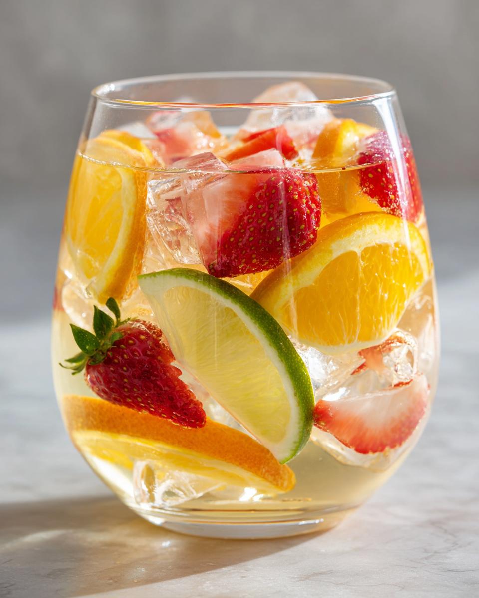 A glass filled with refreshing white sangria, packed with ice, strawberries, oranges, and lime slices.