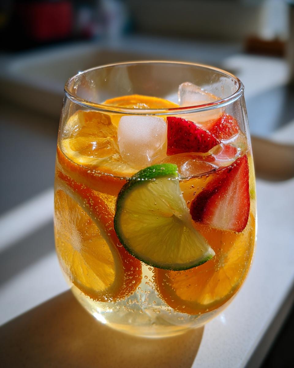 A close-up of a glass filled with Refreshing White Sangria Recipe For Summer Bliss, featuring orange slices, strawberries, lime, and ice.