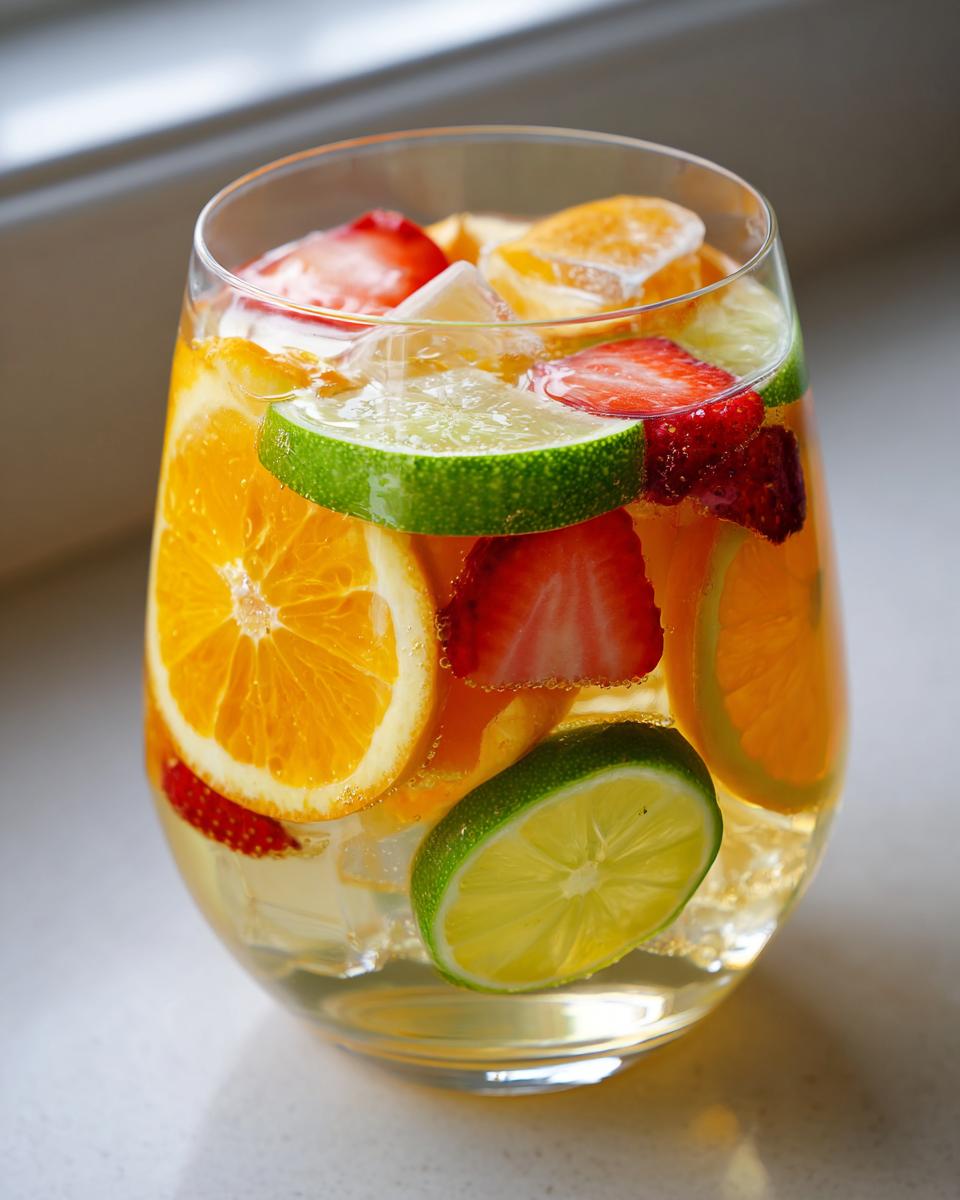 A glass filled with refreshing white sangria, packed with slices of oranges, limes, and strawberries, on a bright surface.