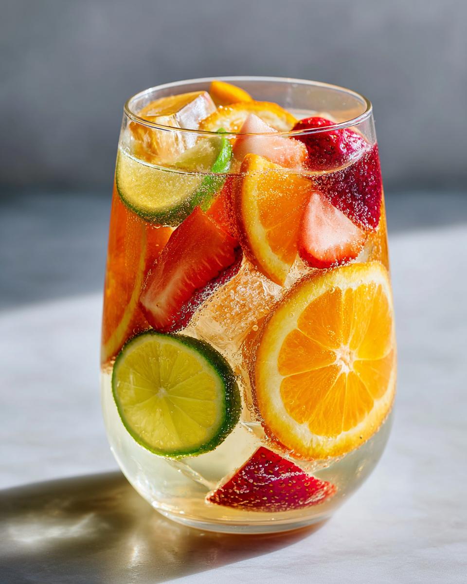 A tall glass filled with Refreshing White Sangria Recipe For Summer Bliss, packed with ice, strawberries, oranges, and limes.