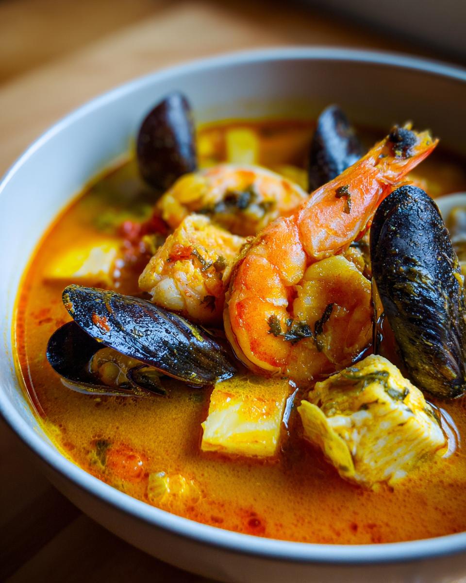A close-up of a vibrant, orange-hued Bouillabaisse soup featuring a large prawn, mussels, and chunks of white fish.