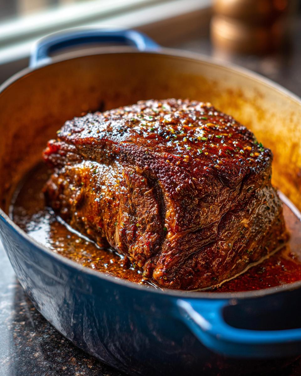 A juicy, slow-cooked Savory Traeger Mississippi Pot Roast in a blue Dutch oven, glistening with rich juices.