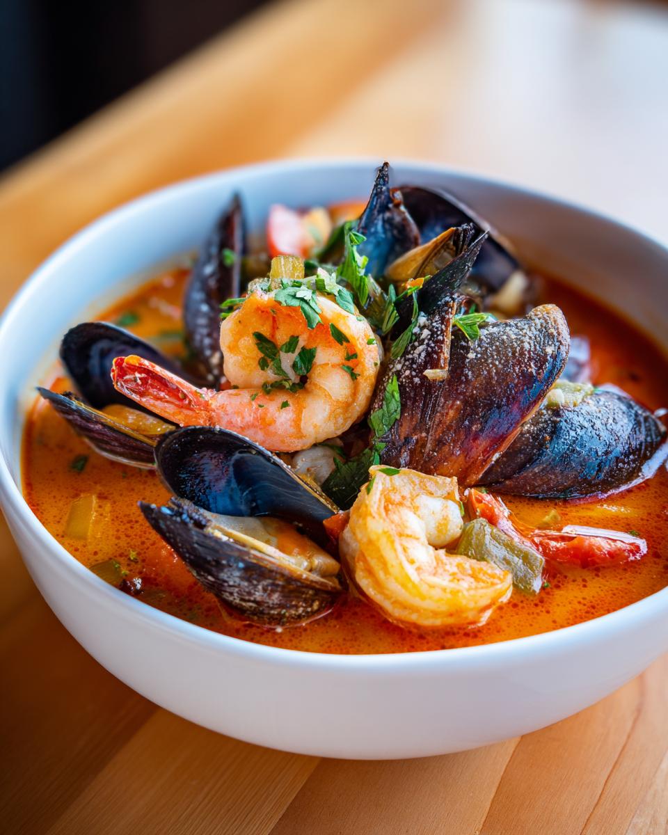 Close-up of a vibrant, orange-red Bouillabaisse soup featuring large shrimp and mussels, garnished with parsley.