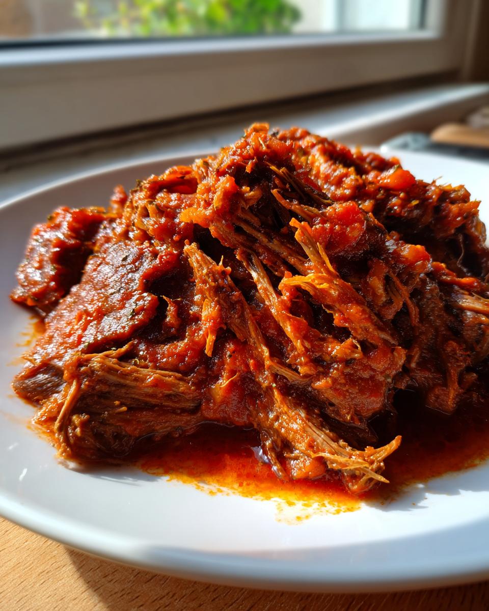 Close-up of rich, shredded Braised Steak Ragu in a thick tomato sauce served on a white plate.