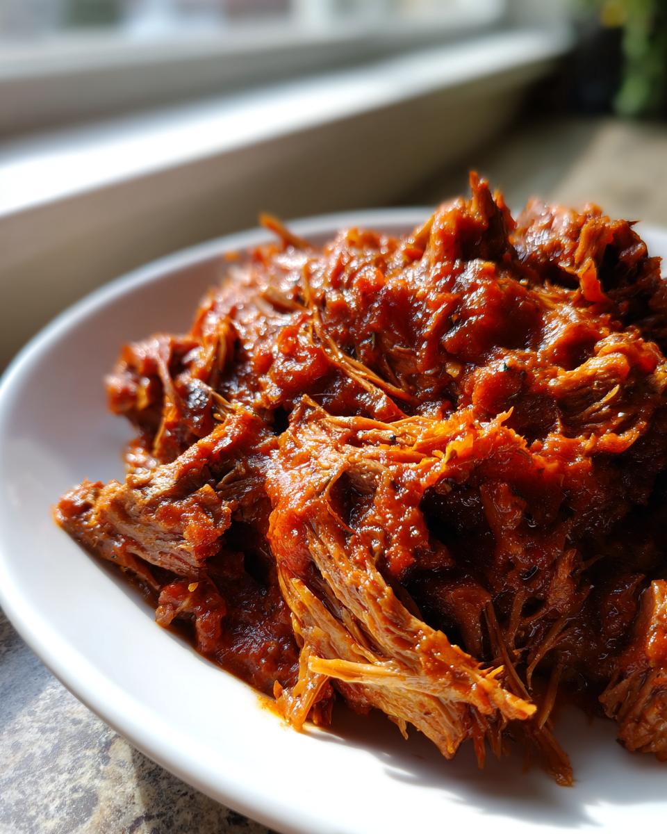 Close-up of rich, shredded Braised Steak Ragu coated in a thick, savory tomato sauce, served on a white plate.