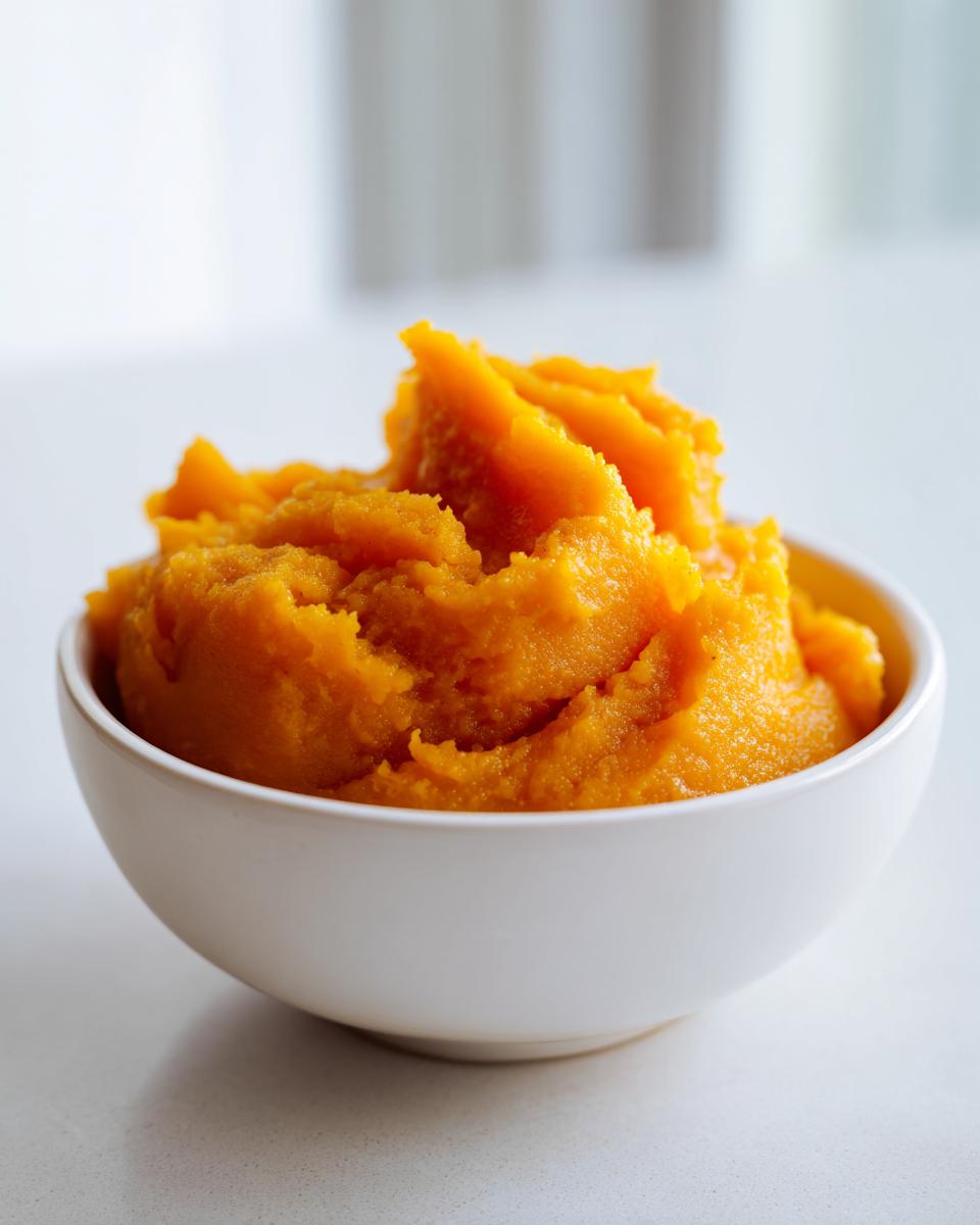 A white bowl filled with vibrant orange, freshly made Slow Cooker Pumpkin Puree, showing a slightly textured surface.