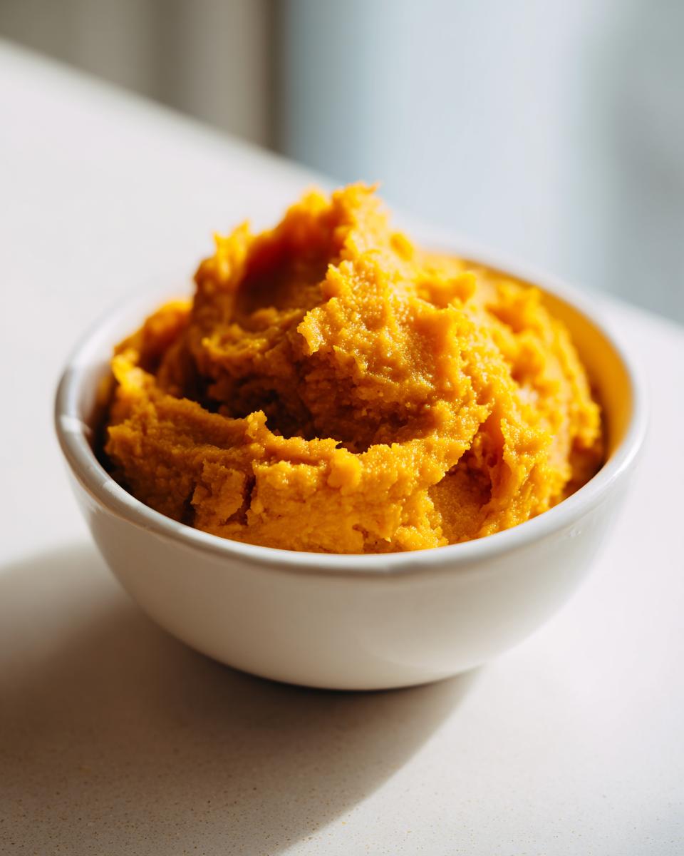 A close-up of vibrant orange, textured Slow Cooker Pumpkin Puree mounded in a small white bowl.