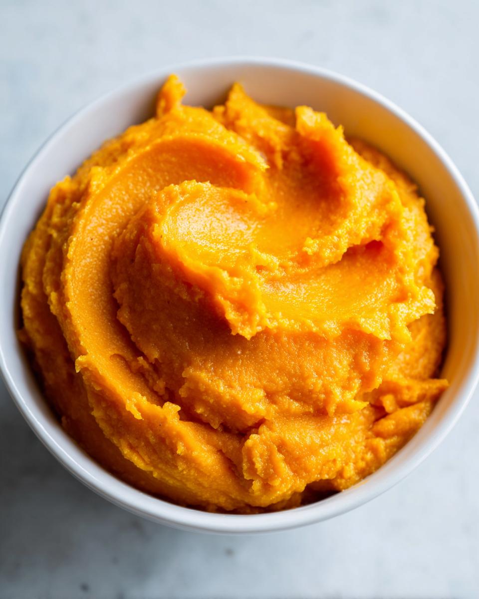 A close-up overhead shot of vibrant orange Slow Cooker Pumpkin Puree swirled in a white bowl.