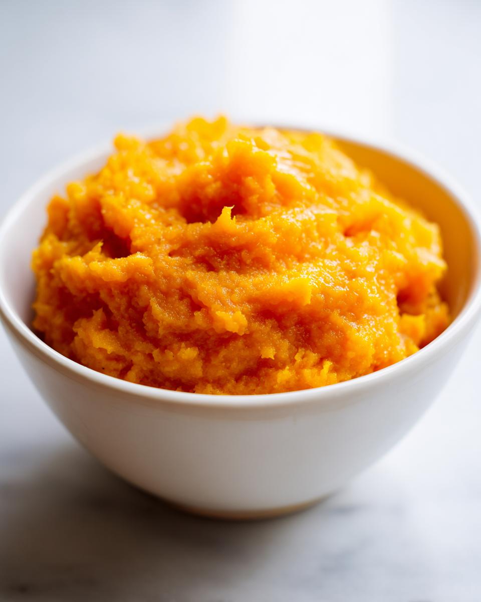 Close-up of bright orange, slightly textured Slow Cooker Pumpkin Puree served in a small white bowl.
