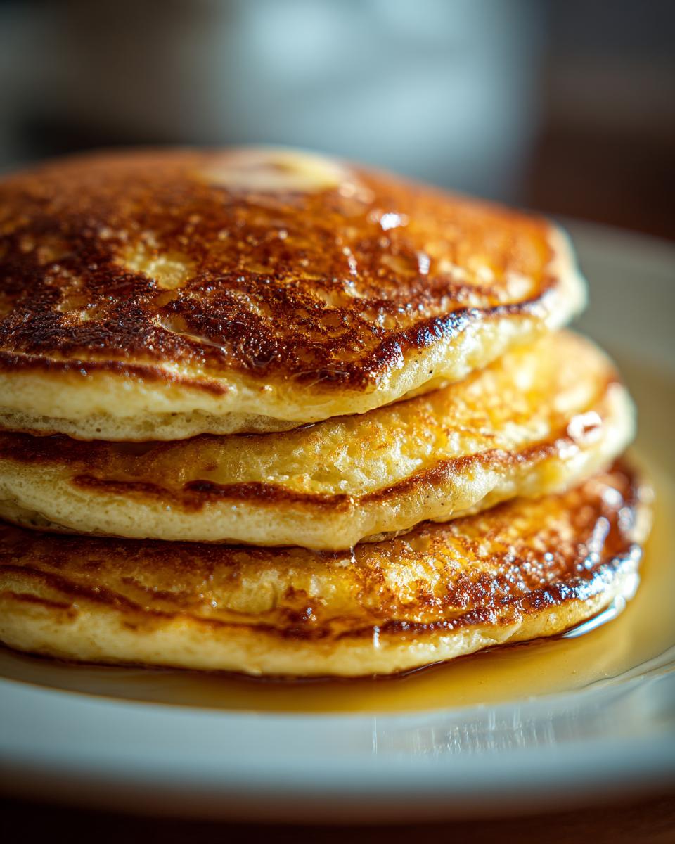 Close-up of a stack of three golden-brown Almond Flour Pancakes drizzled with syrup.