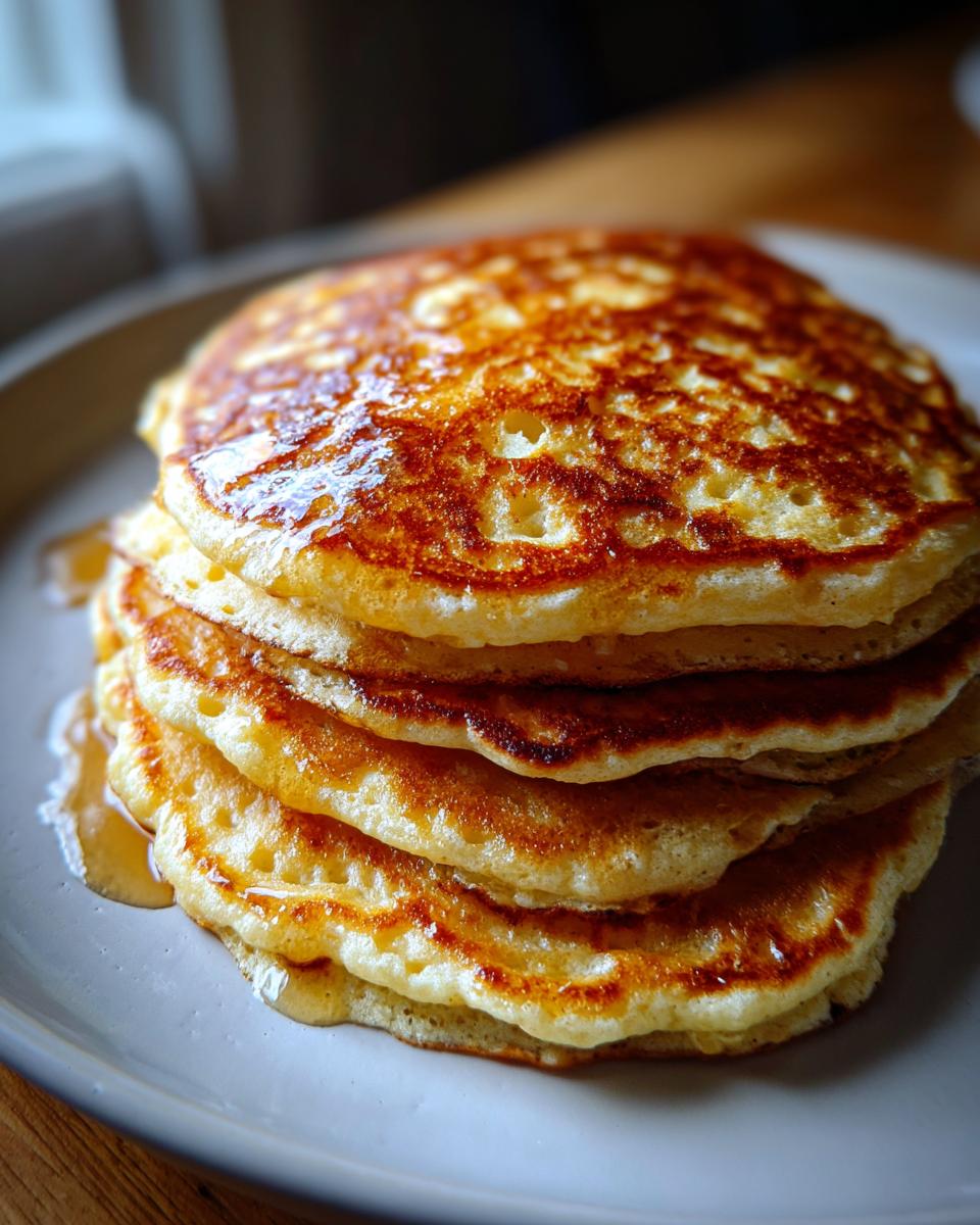Close-up of a tall stack of golden brown Almond Flour Pancakes drizzled with syrup.