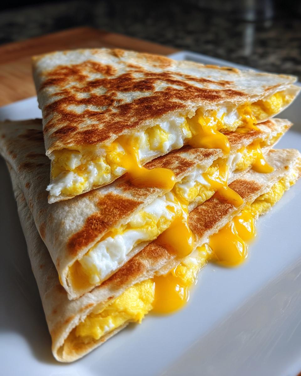 Close-up of stacked, grilled Breakfast Quesadillas filled with fluffy scrambled eggs and oozing melted yellow cheese.