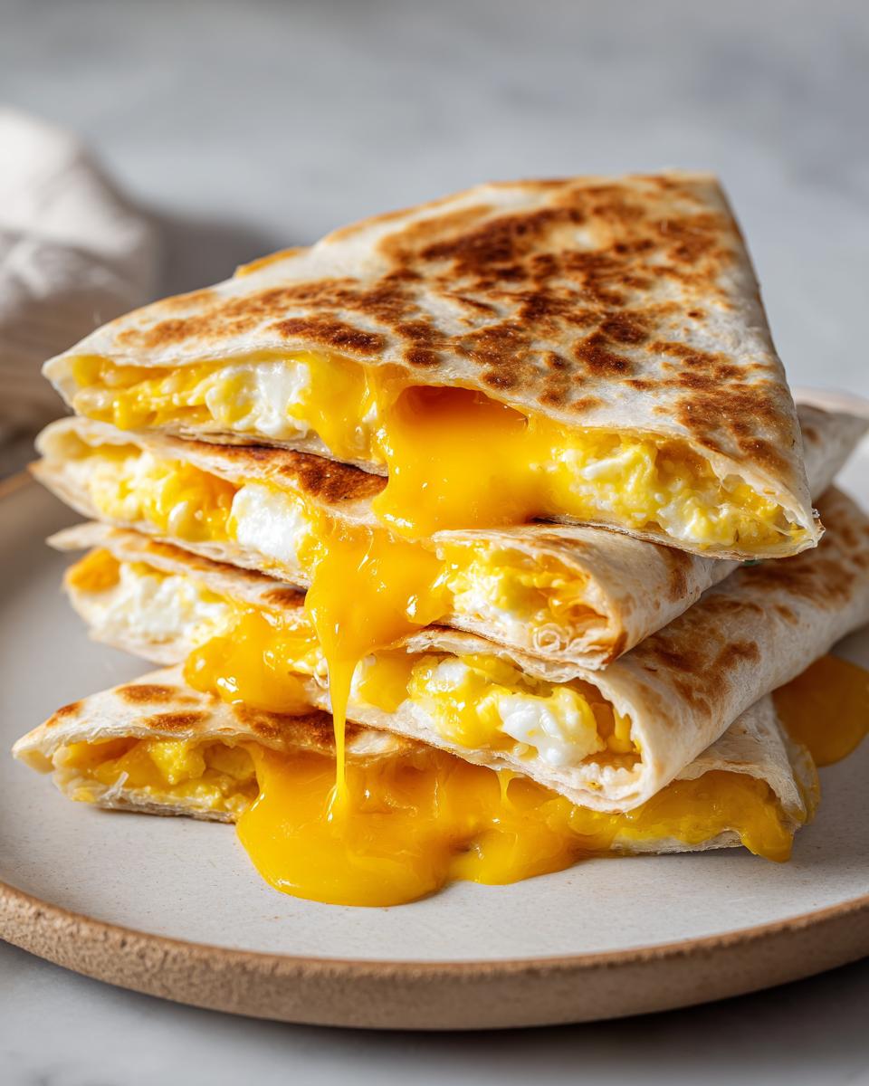 A stack of four triangular Breakfast Quesadillas filled with scrambled eggs and oozing melted cheddar cheese.