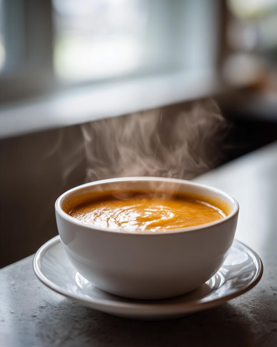 A close-up of a white bowl filled with hot, steaming Beer Cheddar Cheese Soup on a matching saucer.