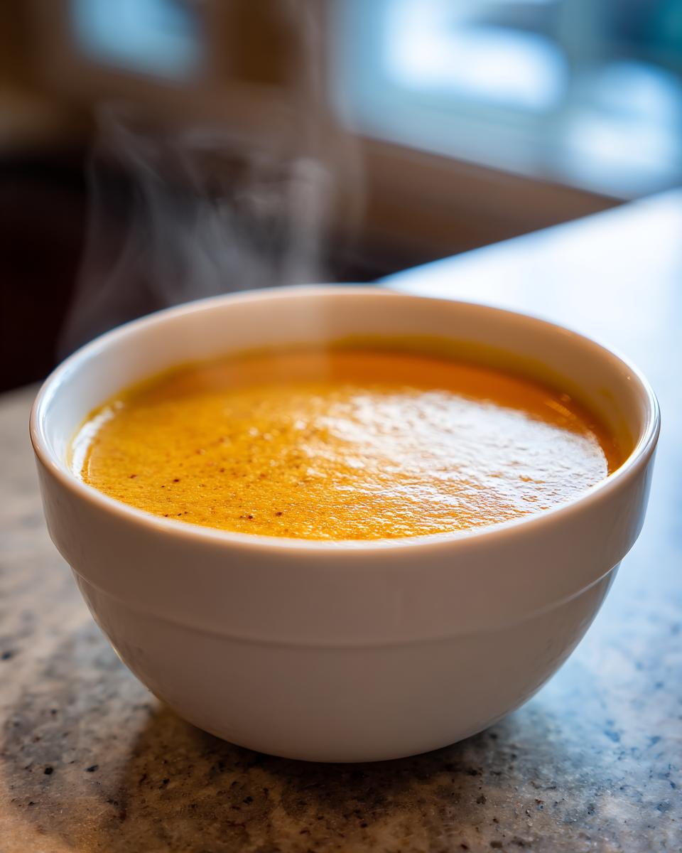 Close-up of a steaming white bowl filled with rich, orange Beer Cheddar Cheese Soup on a granite countertop.
