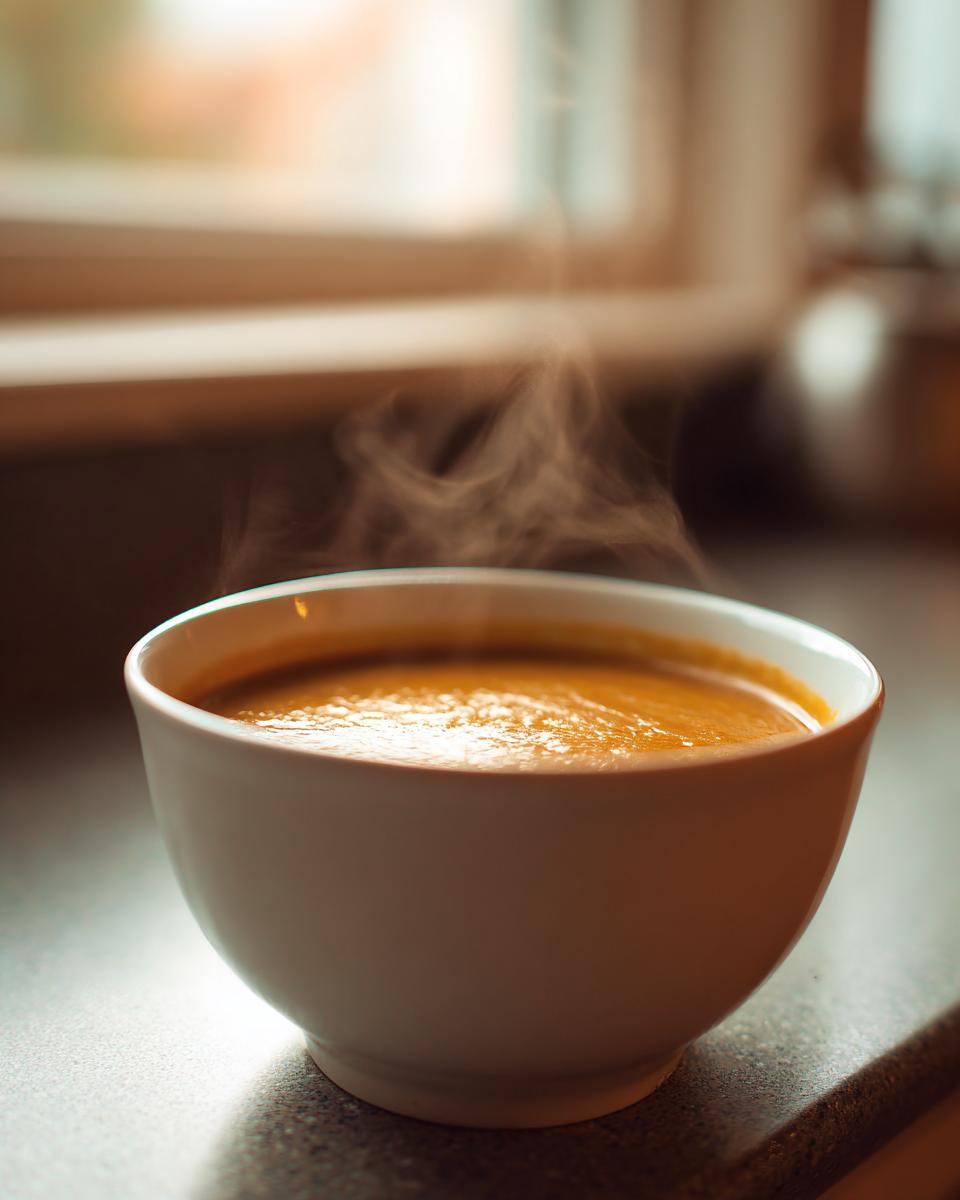 Close-up of a steaming white bowl filled with rich, orange Beer Cheddar Cheese Soup sitting on a countertop.