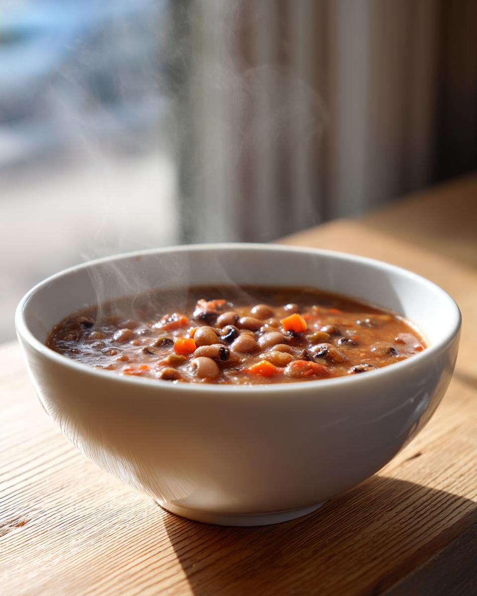 A steaming white bowl filled with rich Black Eyed Pea Soup, featuring visible black-eyed peas and diced carrots, set on a wooden table.