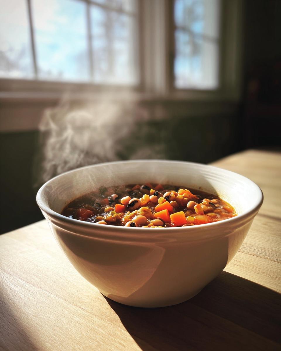 A white bowl filled with hot Black Eyed Pea Soup, showing visible steam rising, set on a wooden table near a window.