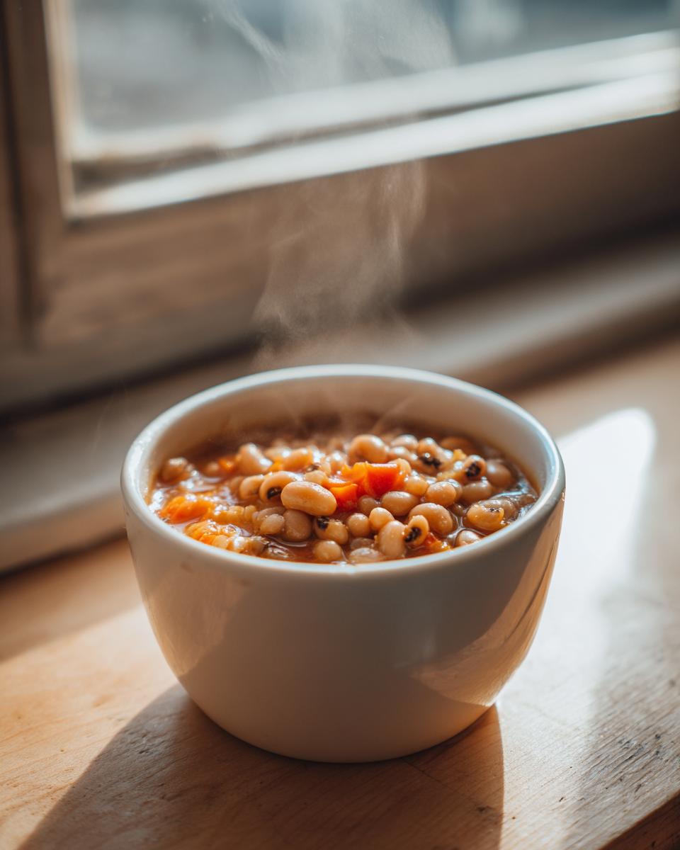 A close-up of a white bowl filled with hot, steaming Black Eyed Pea Soup, sitting on a sunlit wooden surface near a window.
