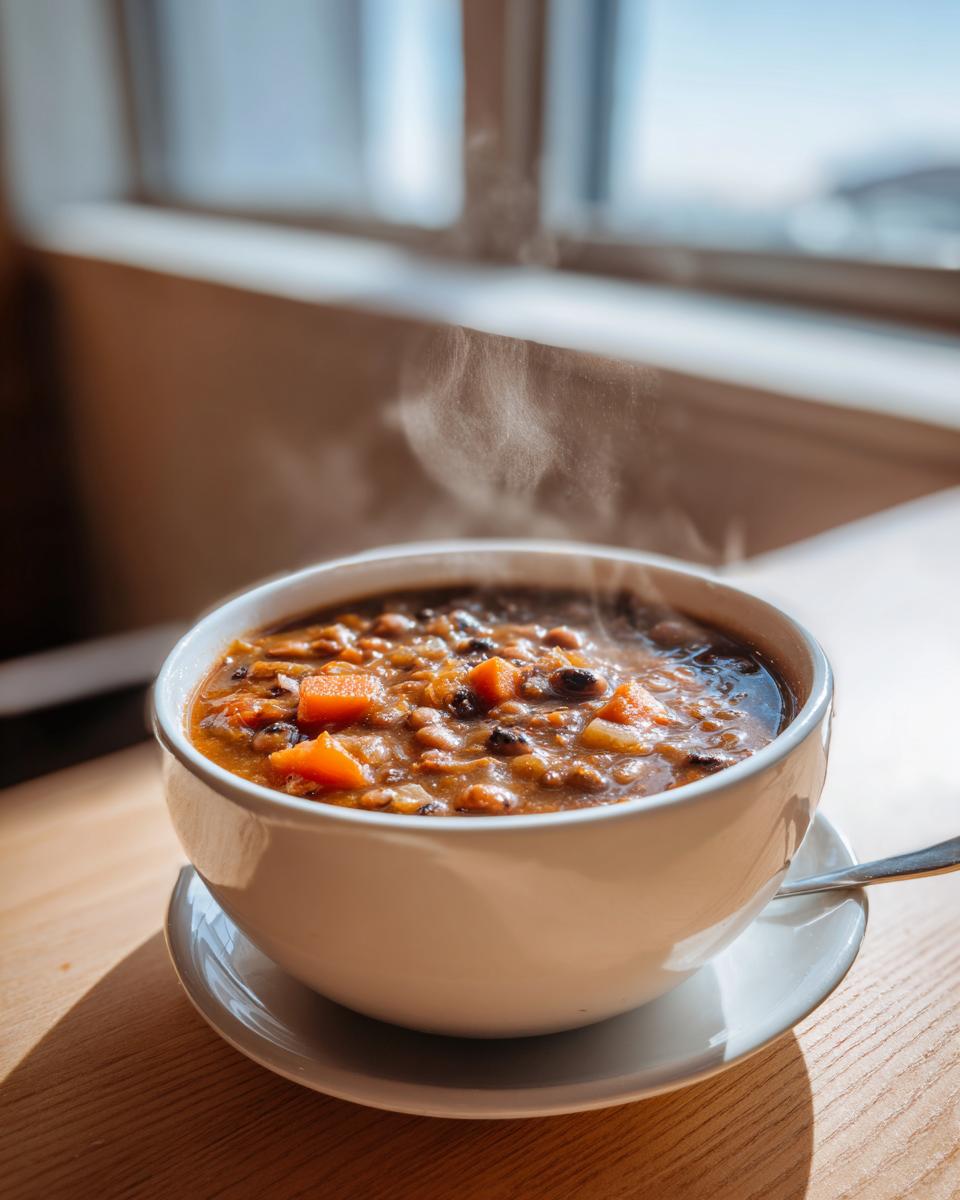 A steaming white bowl filled with rich Black Eyed Pea Soup, featuring visible chunks of carrots, set near a sunny window.