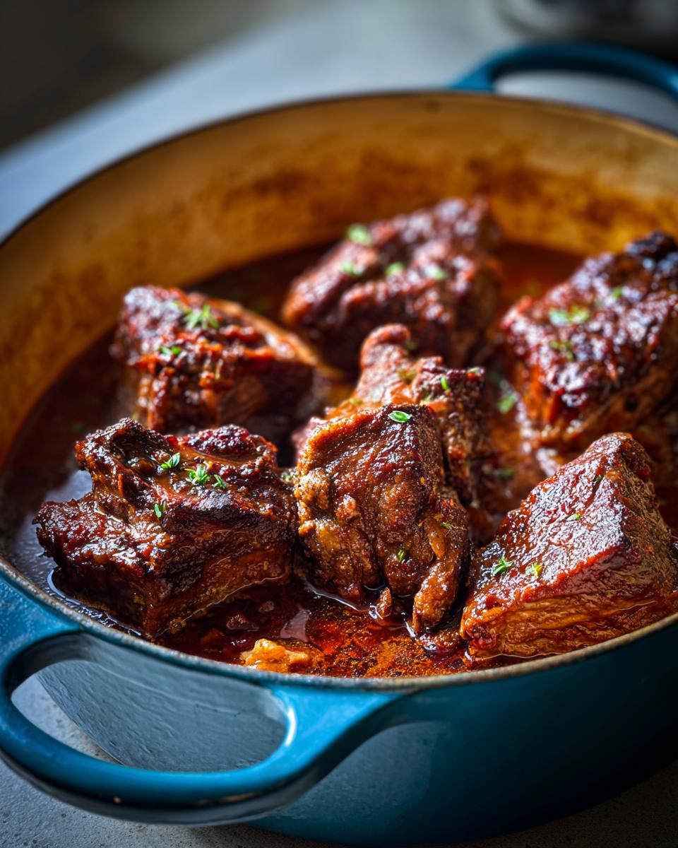 Close-up of tender, braised beef chunks in a rich sauce, part of a Savory Traeger Mississippi Pot Roast Recipe.