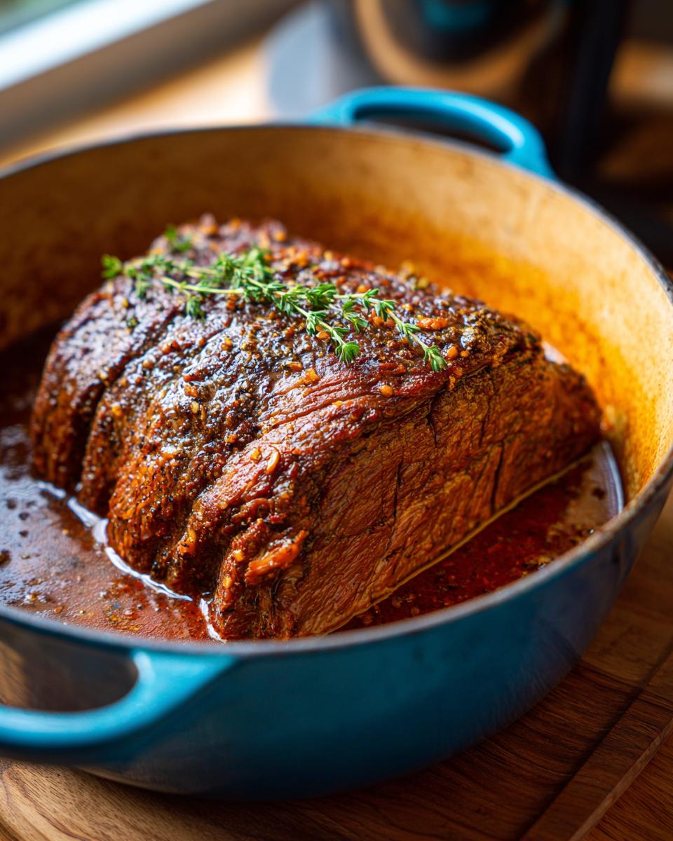 A beautifully seasoned Savory Traeger Mississippi Pot Roast recipe cooked in a blue Dutch oven with fresh thyme.