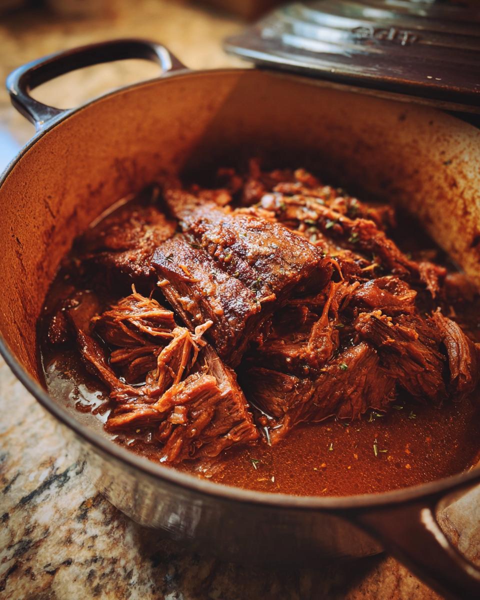 Close-up of a tender, shredded Savory Traeger Mississippi Pot Roast in a rustic Dutch oven, swimming in rich gravy.