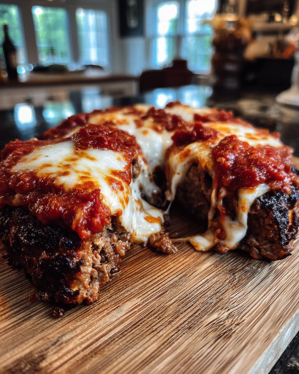 A slice of Delicious Traeger Pizza Meatloaf Recipe, topped with marinara sauce and gooey melted mozzarella cheese.