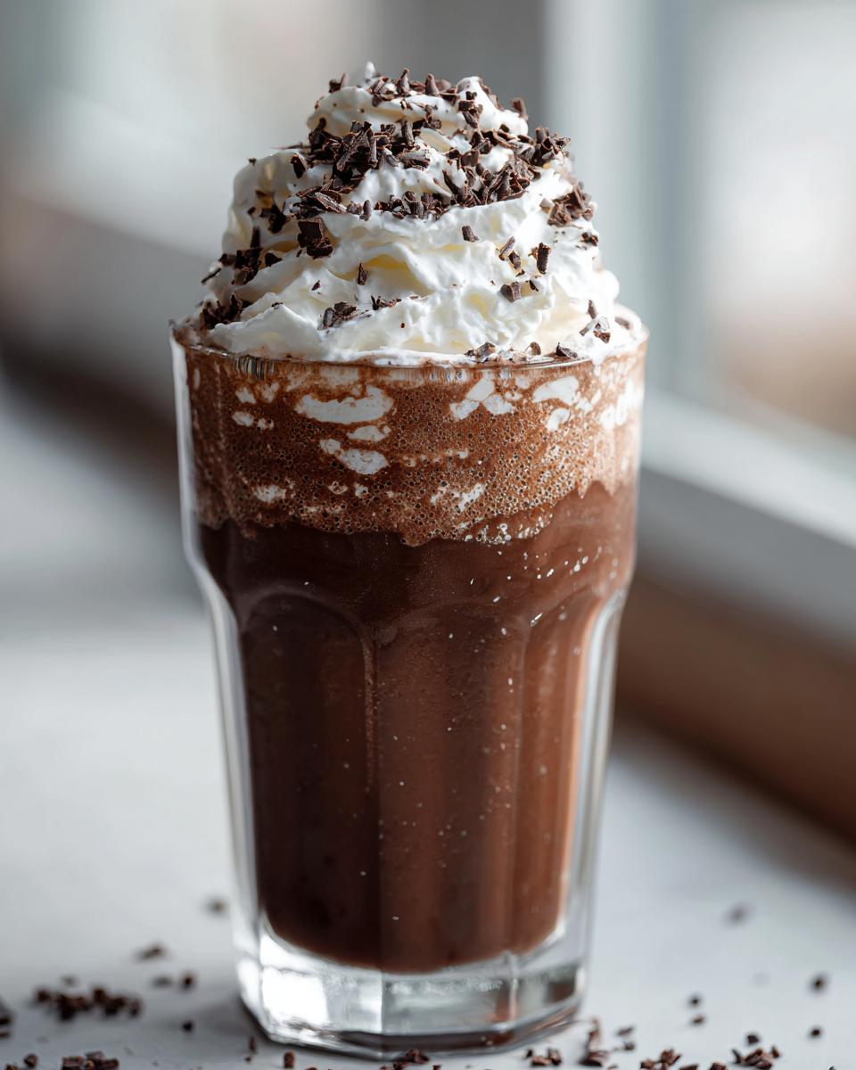 A tall glass filled with an Ultimate Chocolate Milkshake Delight, topped with whipped cream and chocolate shavings.