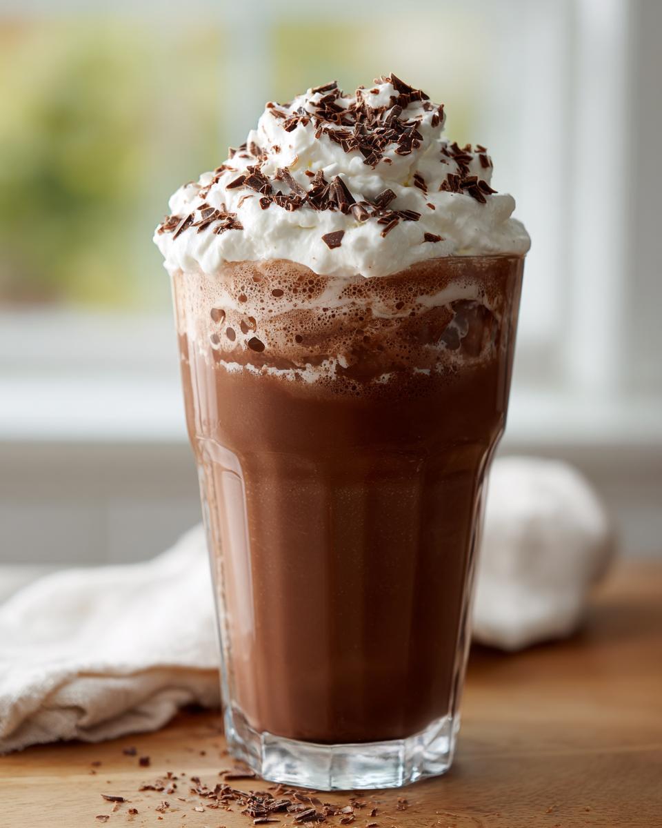 A tall glass filled with a rich chocolate milkshake, topped with whipped cream and chocolate shavings. Indulge In The Ultimate Chocolate Milkshake Delight.