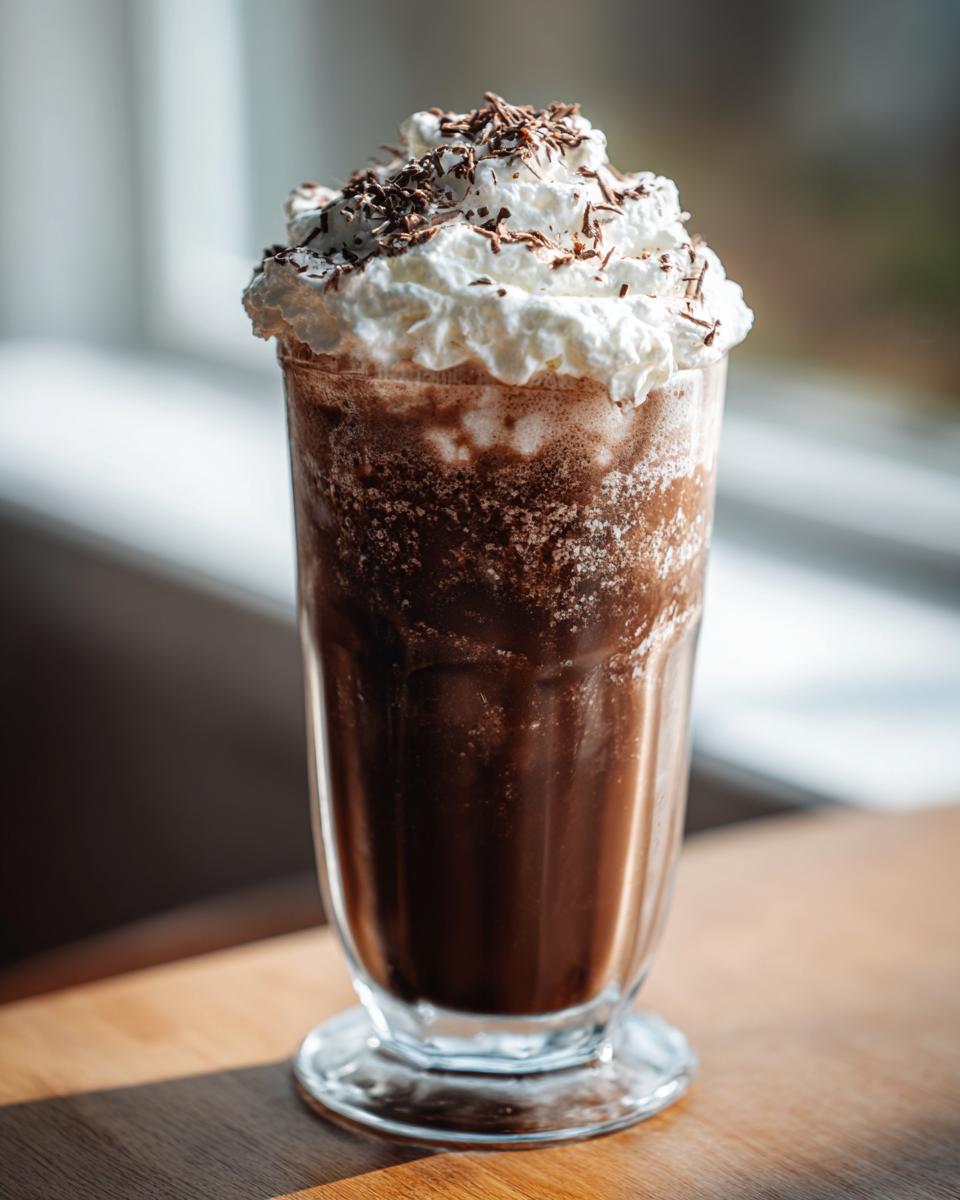 A tall glass filled with a rich chocolate milkshake, topped with whipped cream and chocolate shavings.