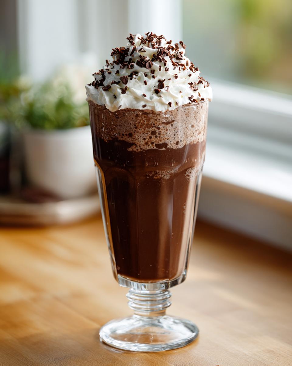 A tall glass filled with a rich chocolate milkshake, topped with whipped cream and chocolate shavings.