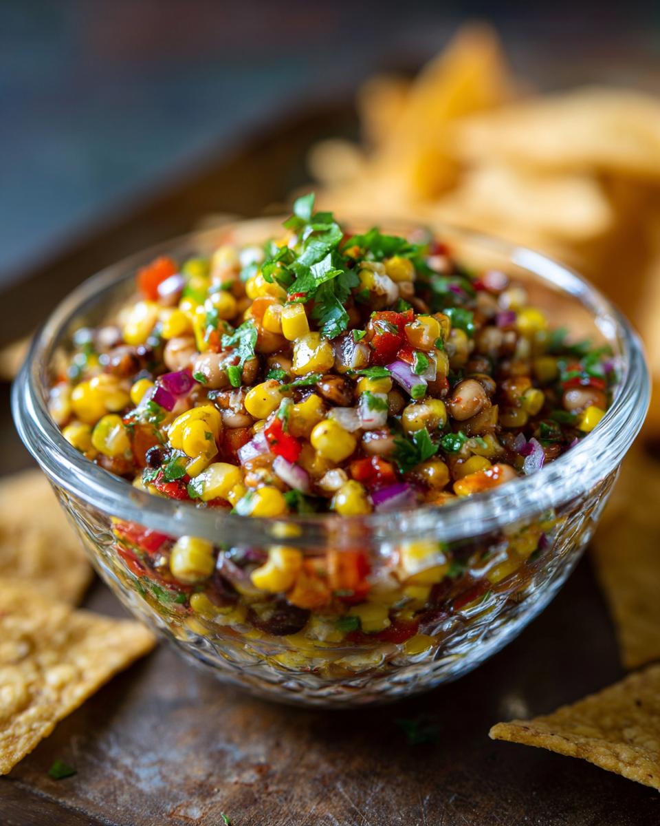 A close-up of a glass bowl filled with Ultimate Cowboy Caviar, a colorful mix of corn, beans, peppers, and onions, garnished with parsley.