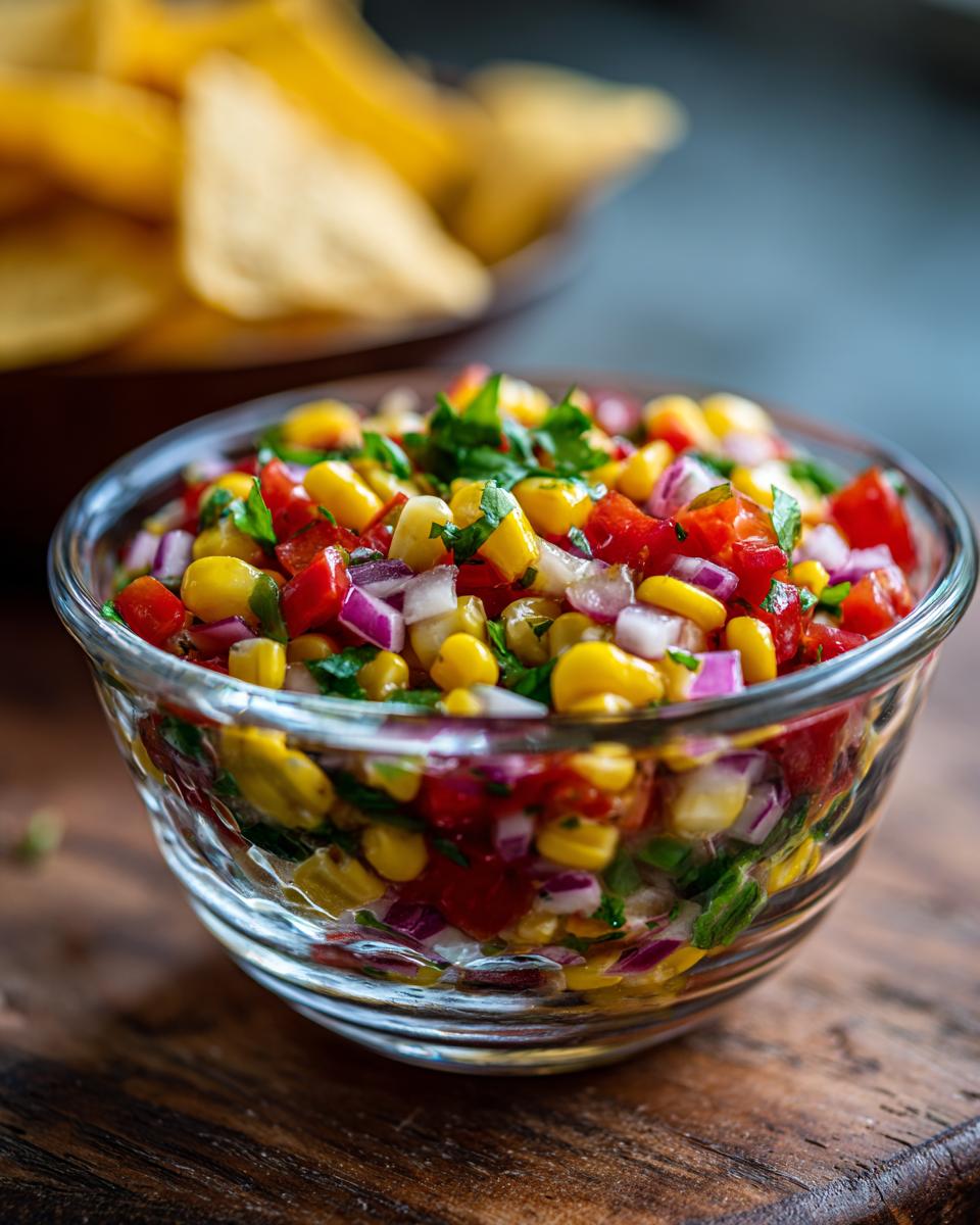 A close-up of Ultimate Cowboy Caviar, a colorful party appetizer made with corn, tomatoes, and red onion, served in a glass bowl with tortilla chips in the background.