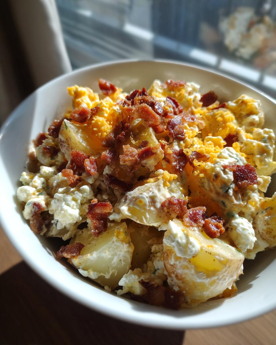 Close-up of Ultimate Loaded Potato Salad recipe in a white bowl, featuring chunks of potato, creamy dressing, crumbled bacon, and shredded cheese.