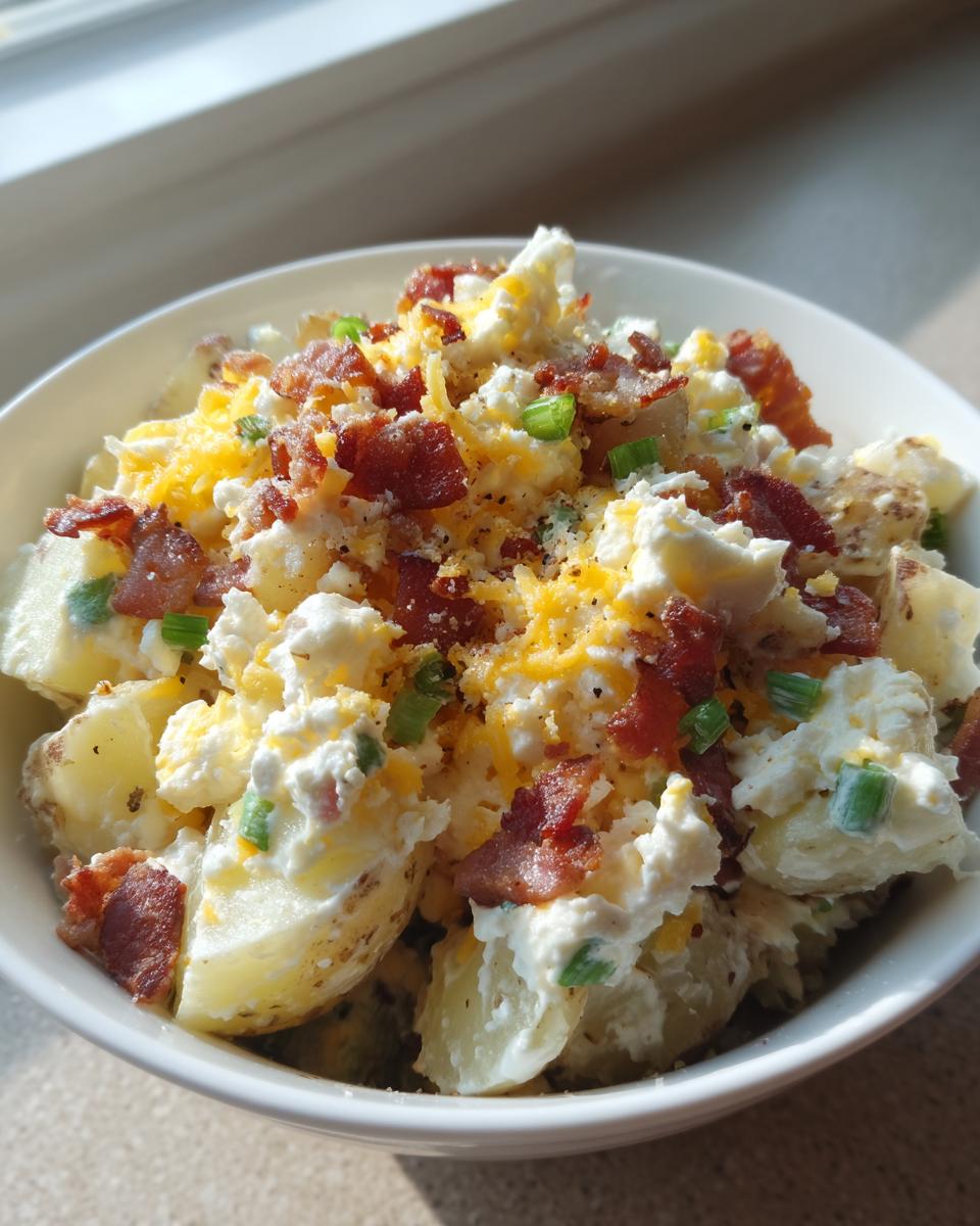 Close-up of a bowl filled with Ultimate Loaded Potato Salad, featuring potatoes, creamy dressing, bacon, cheese, and green onions.