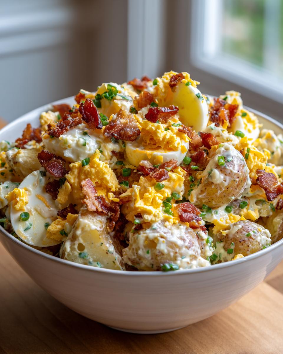 A close-up of a bowl of Ultimate Loaded Potato Salad, featuring potatoes, hard-boiled eggs, bacon, and chives.