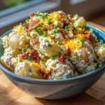 A bowl of Ultimate Loaded Potato Salad, topped with bacon, cheese, and chives, perfect for summer fun.
