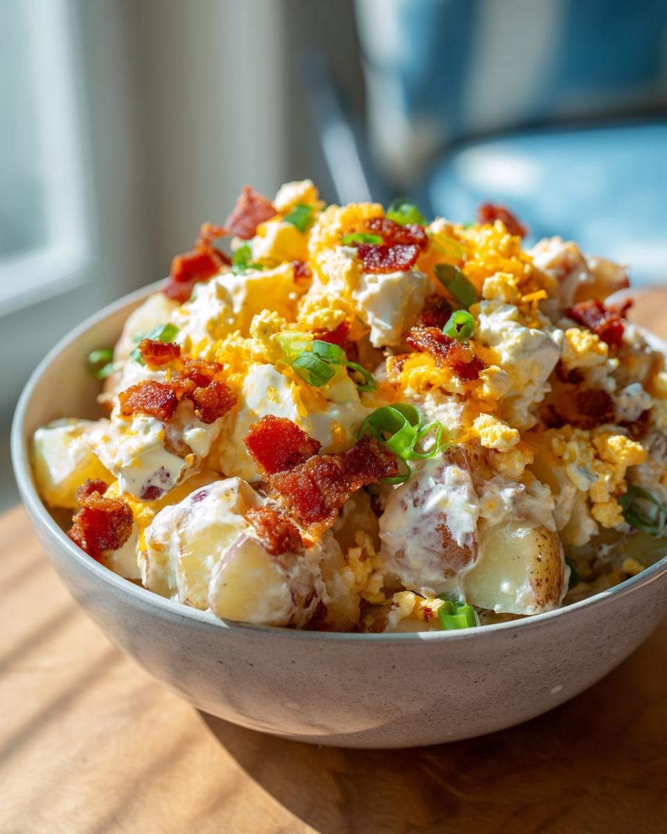 A bowl of Ultimate Loaded Potato Salad, topped with bacon, cheese, and green onions.