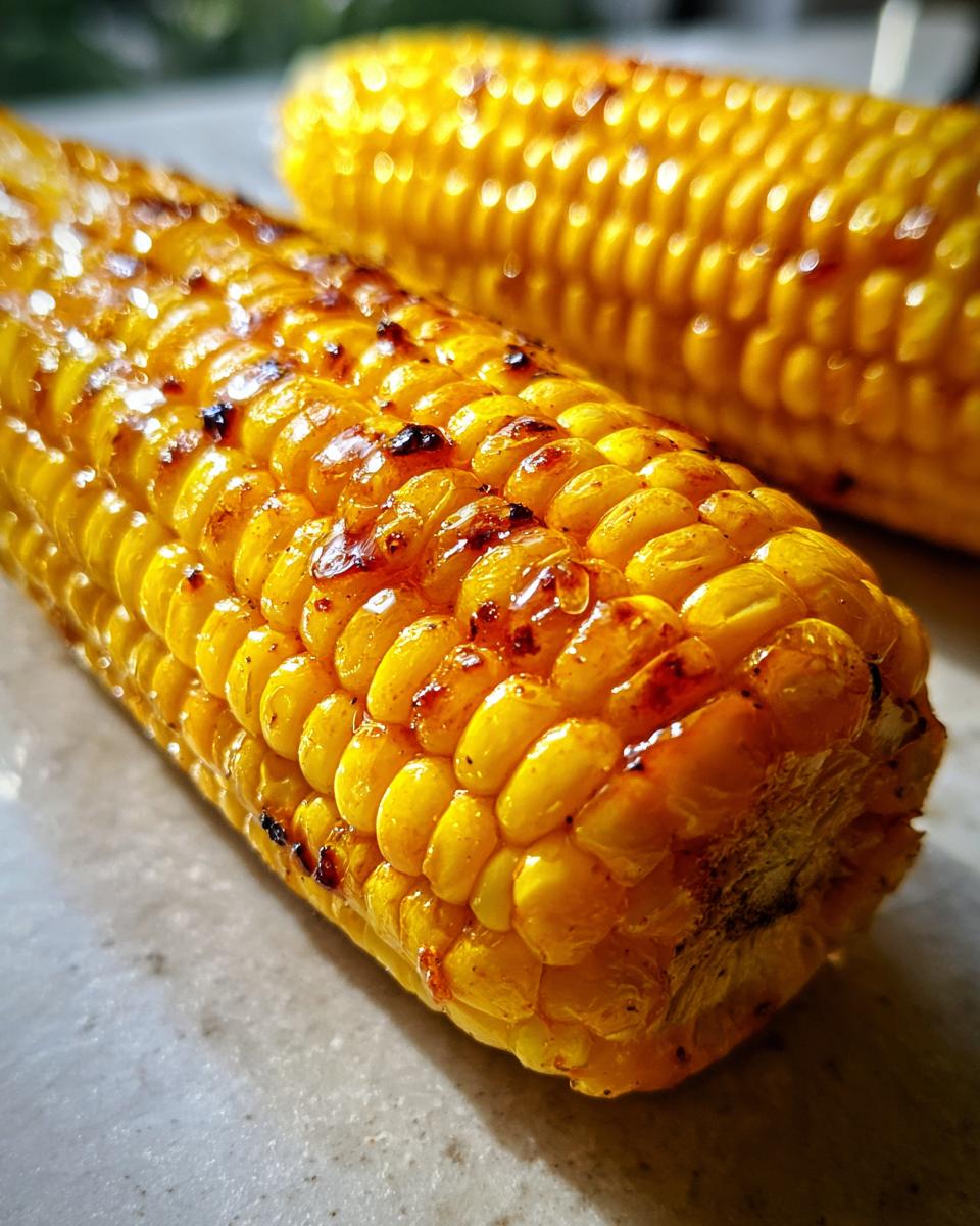 Close-up of two ears of Ultimate Memorial Day Oven Roasted Corn On The Cob, glistening and slightly charred.