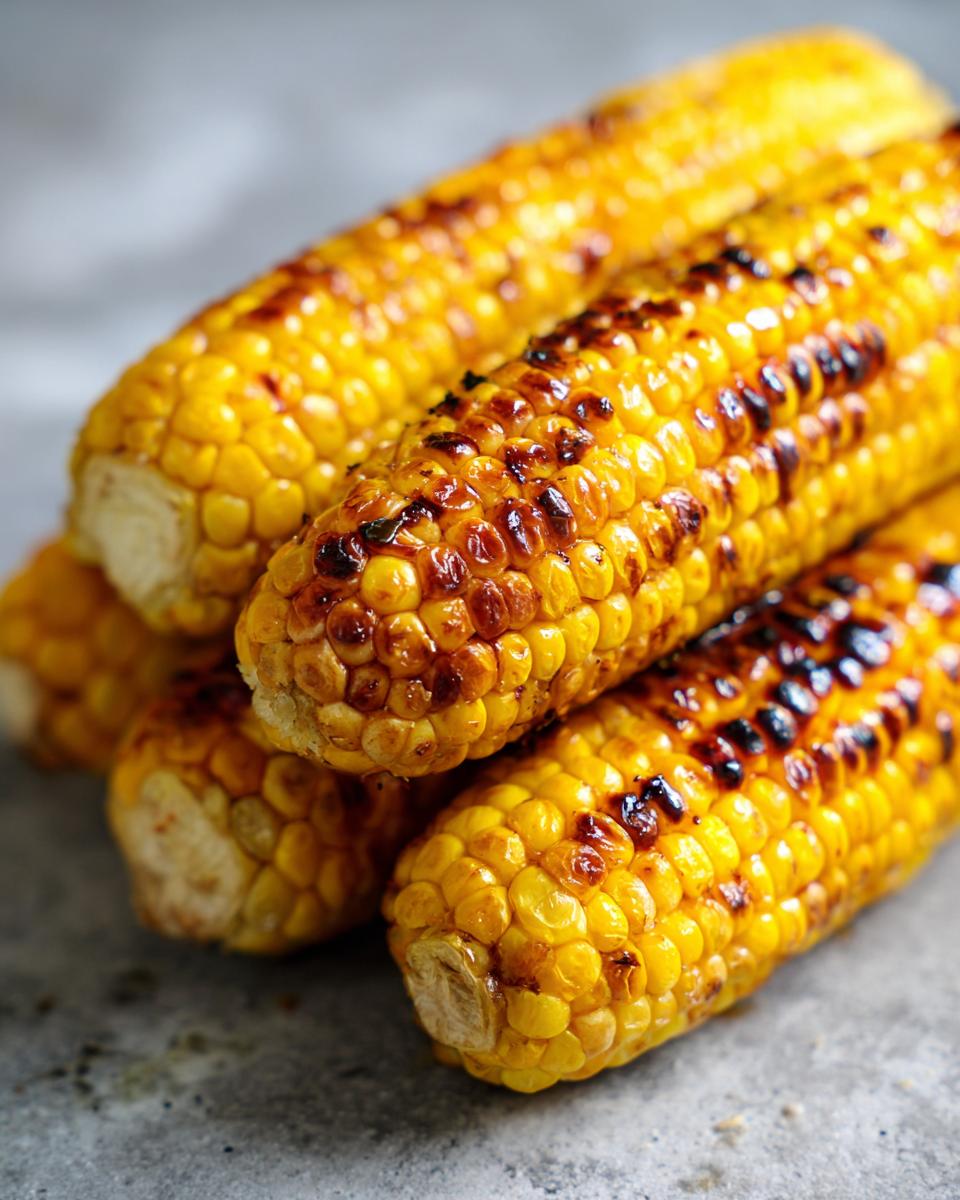 Close-up of four ears of Ultimate Memorial Day Oven Roasted Corn on the Cob, showing golden kernels and char marks.